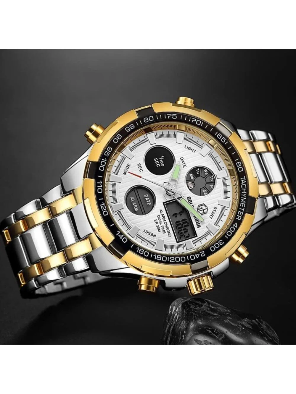 Men's Silver Gold Stainless Steel Analog Digital Outdoor Waterproof Luxury Watch